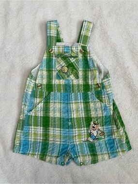 B.T. Kids 6-9 Months Golf Plaid Green & Blue Cotton Baby Overalls Embroidered
